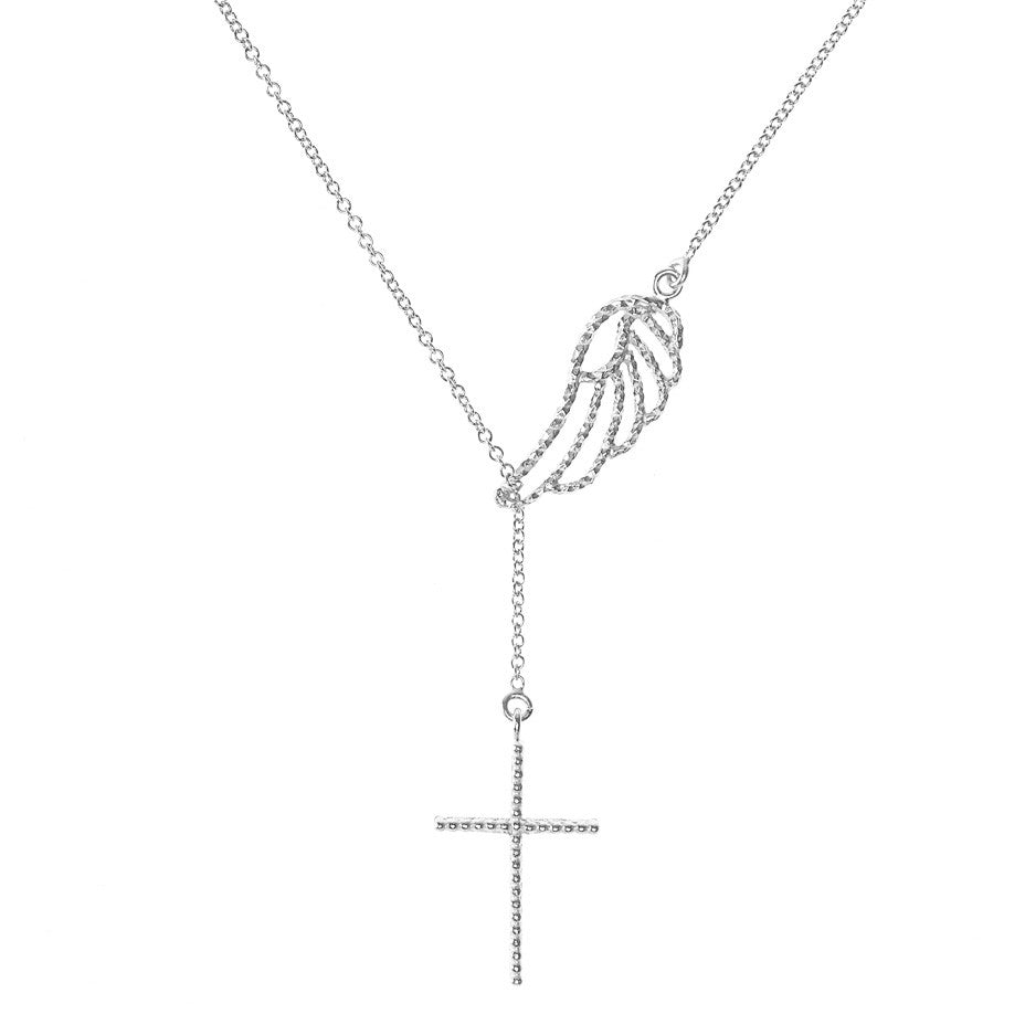 Angel Wing and Cross Lariat necklace in silver, featuring a 3-d lace effect cross hanging beneath a delicate angel wing.  
