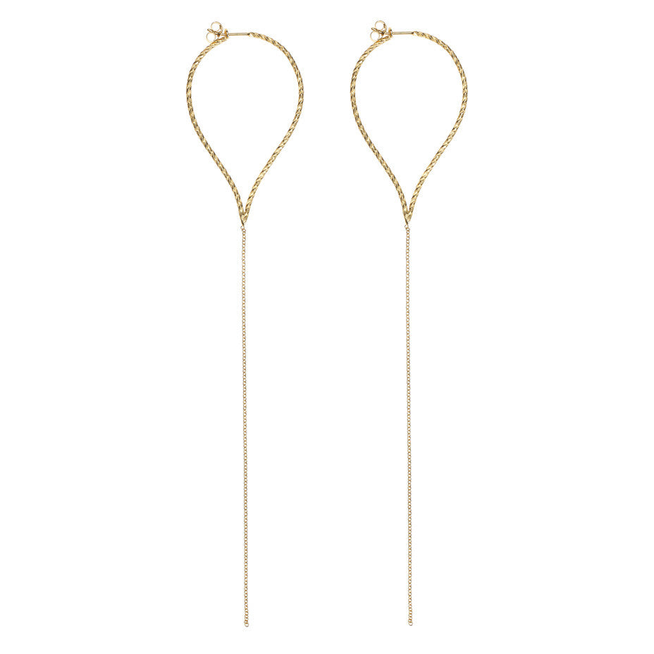 Billowing Sail Pointed Hoop Earrings in gold, featuring pointed hoops with a drop of delicate chain. 