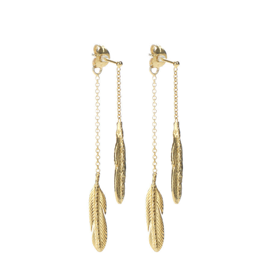 Take Flight Feather Front and Back earrings in gold, featuring two little feathers on delicate swinging chain.