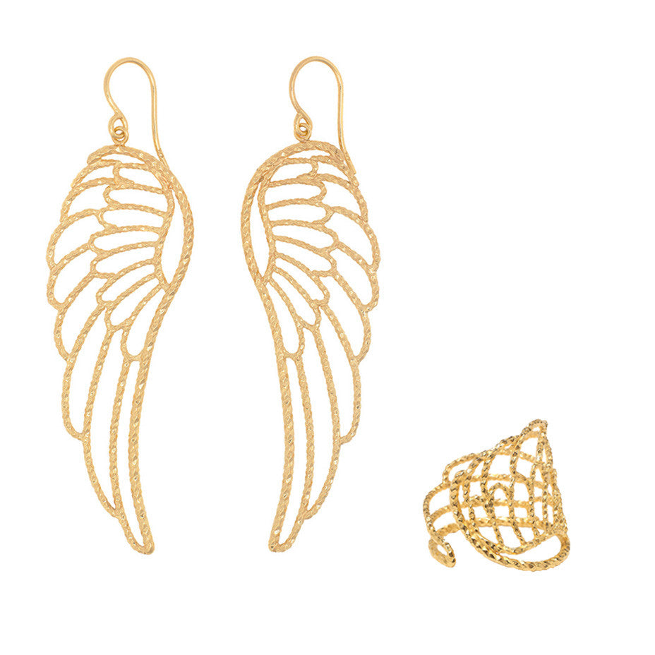 A set of Large Angel Wing earrings and matching ring in gold.