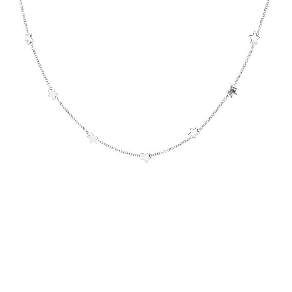 Seven Star necklace in silver, featuring seven tiny sparkling stars. 