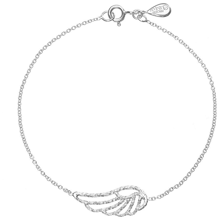 Angel Wing bracelet in silver, featuring an exquisite sparkling angel wing on a thin chain.