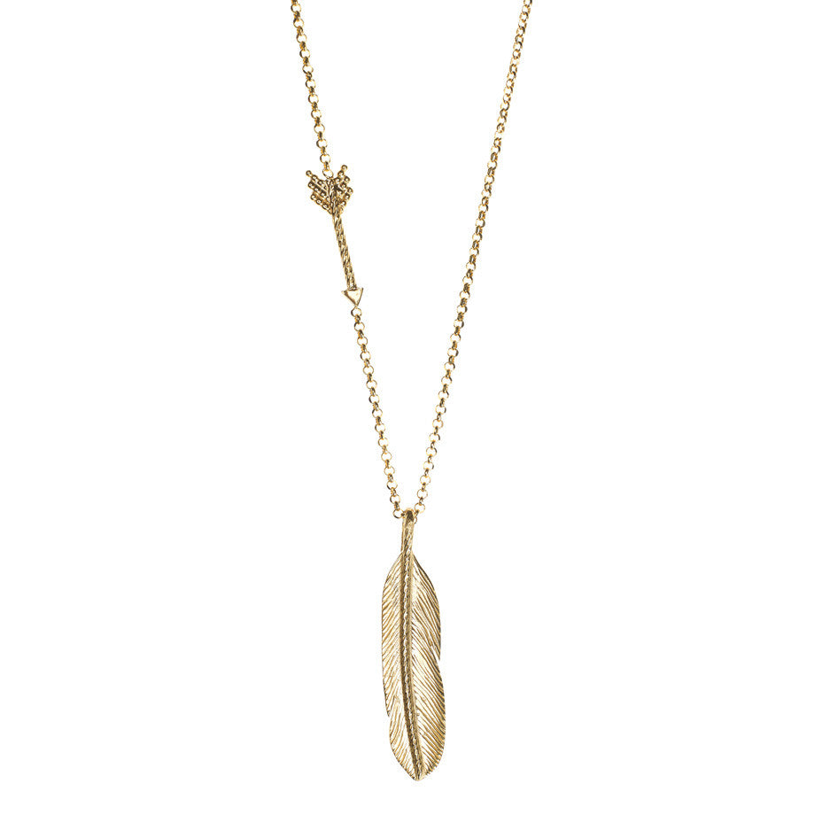 Sacred Feather and Arrow necklace in gold, made from our signature diamond cut and beaded arrow hanging on a long chain with a large detailed feather pendant.