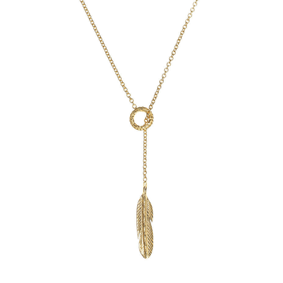 Take Flight Feather Lariat necklace in gold, featuring a small circle and feather.