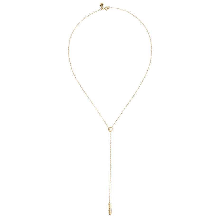 Take Flight Feather Lariat necklace in gold, featuring a small circle and feather. Full view.