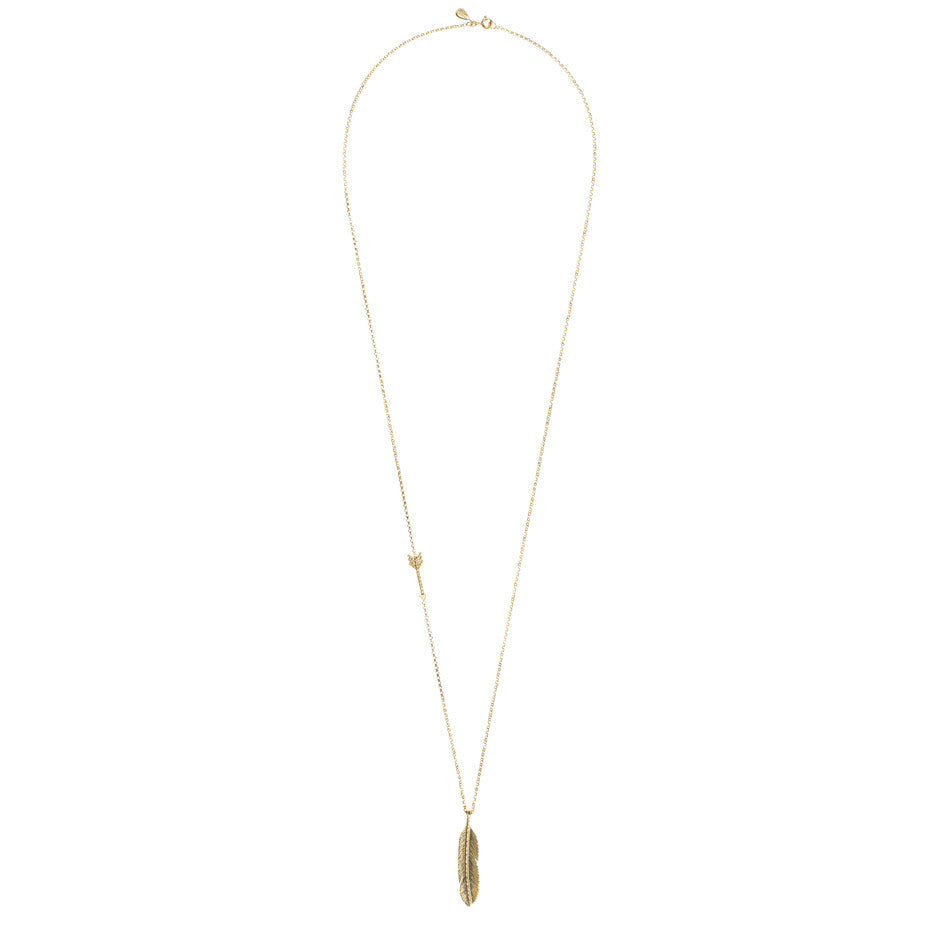 Sacred Feather and Arrow necklace in gold, made from our signature diamond cut and beaded arrow hanging on a long chain with a large detailed feather pendant. Full view.