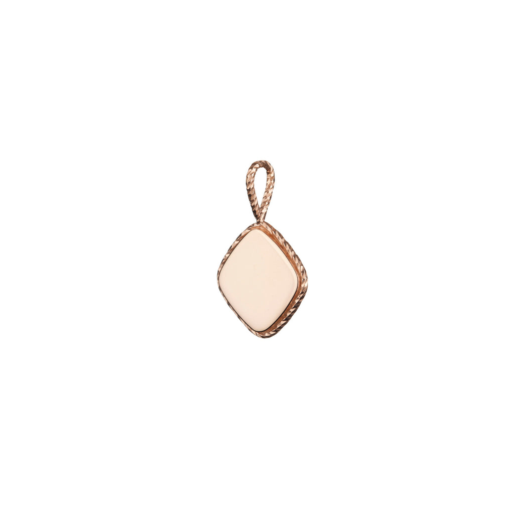 The Elements charm in rose gold, fashioned from a gleaming, weighty charm, with four rounded corners.