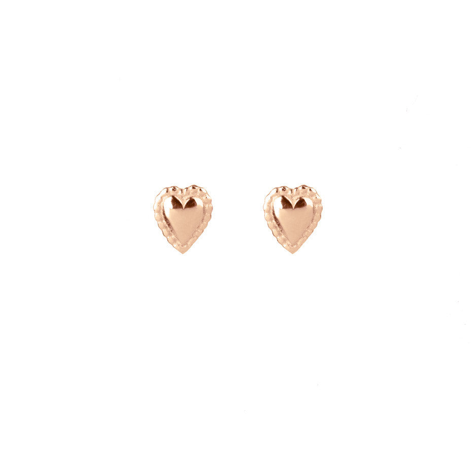 Darling Mini Heart Stud earrings in rose gold, featuring tiny puffed hearts with a beaded edge.