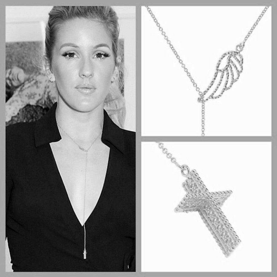 Ellie Goulding wearing the Angel Wing and Lace Cross Lariat necklace.