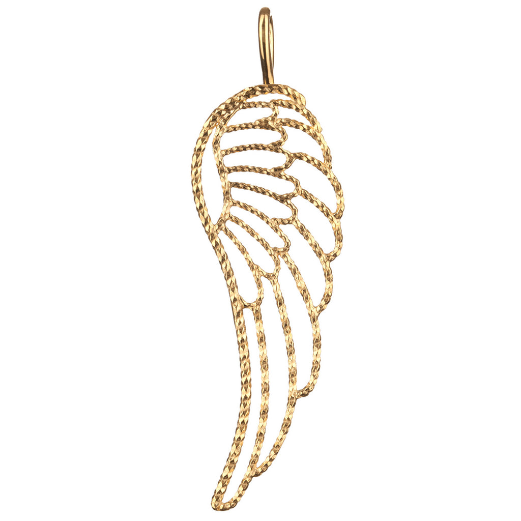 Endless Affection Wing charm in gold, featuring a large outlined wing charm made from diamond cut sparkling wire.