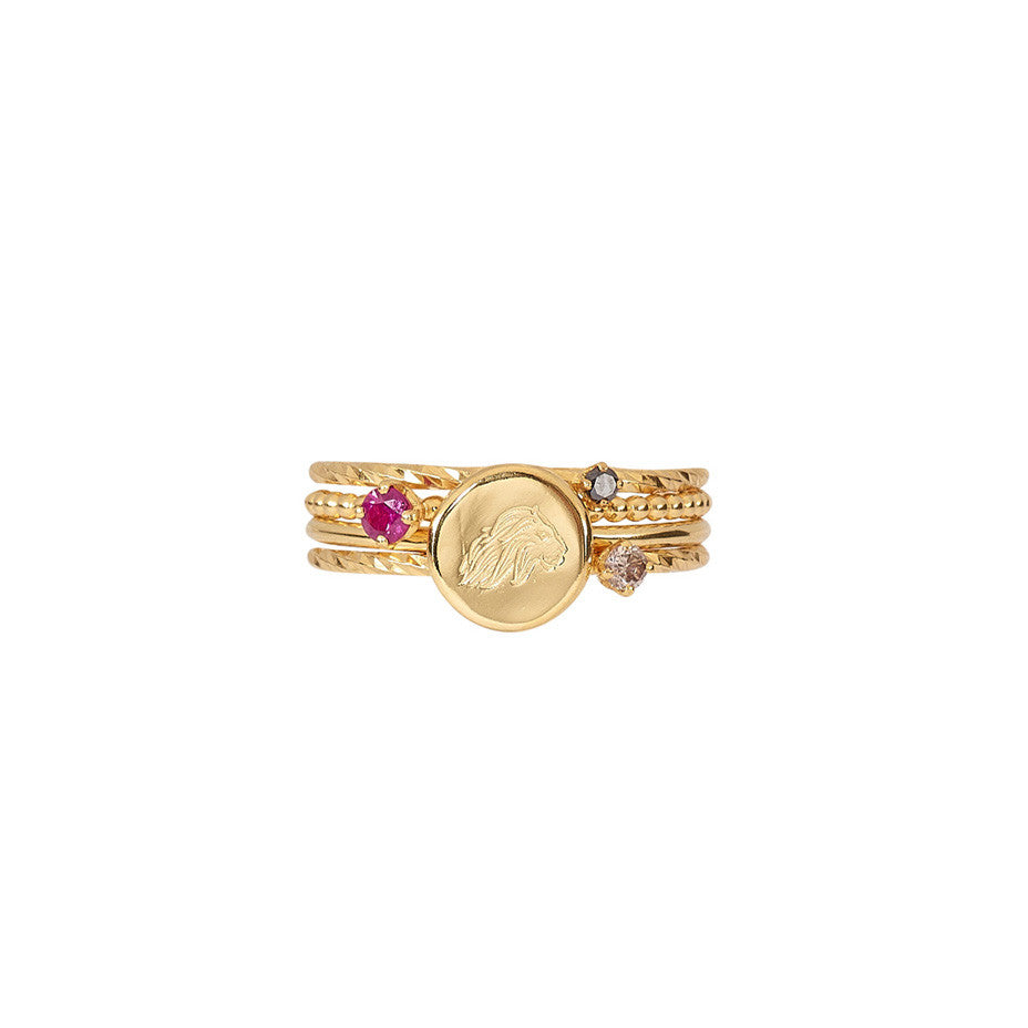 Full Of Power Stacking set in gold, featuring black diamond, red ruby, Energy Lion and champagne diamond rings.