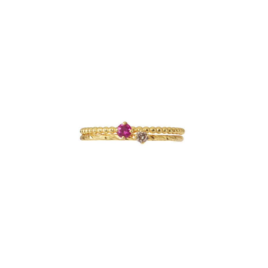 Ruby and Champagne Diamond Stacking duo in gold.