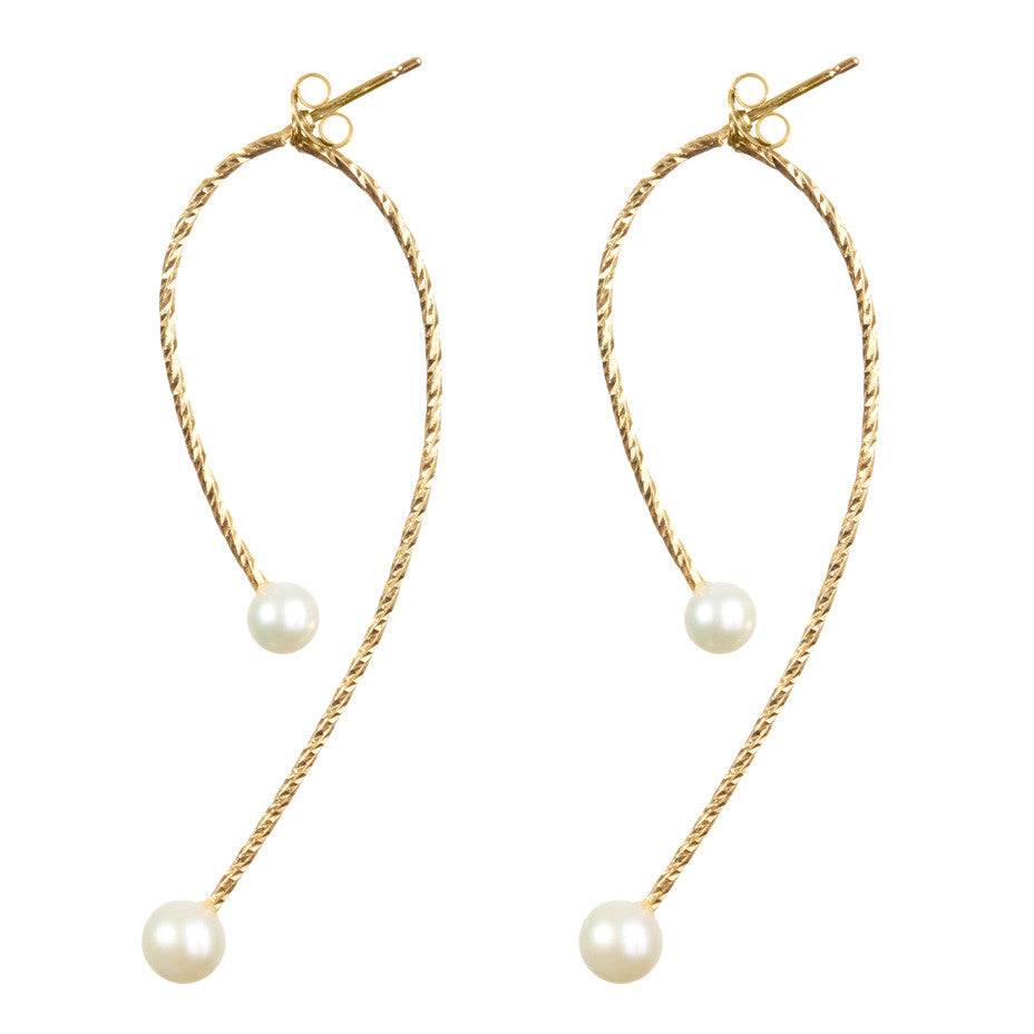 Sparkling wire swinging split hoop earrings in gold with Large and Medium Lunar White pearls.
