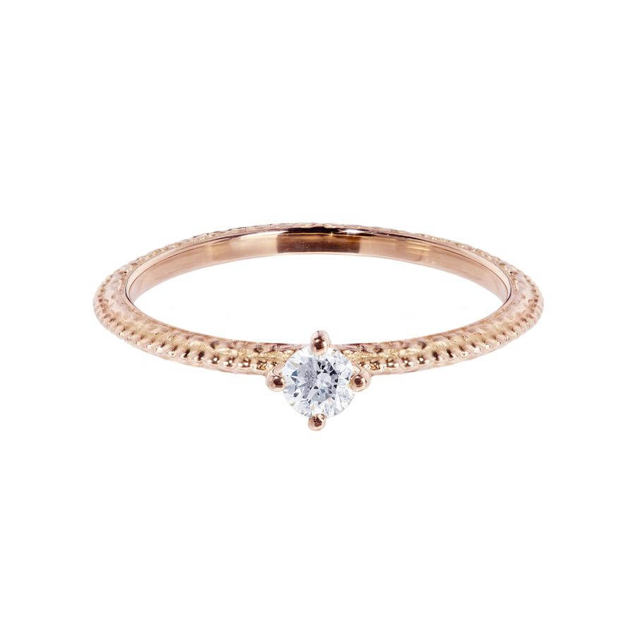 White diamond solitaire Tender Love engagement ring in 18 carat rose gold, featuring a delicate beaded band.