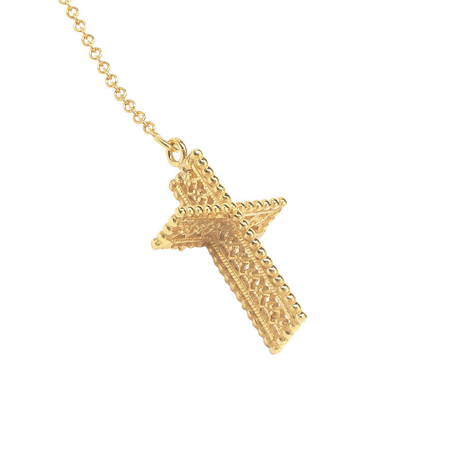 Angel Wing and Cross Lariat necklace in gold, featuring a 3-d lace effect cross hanging beneath a delicate angel wing. Cross close-up.