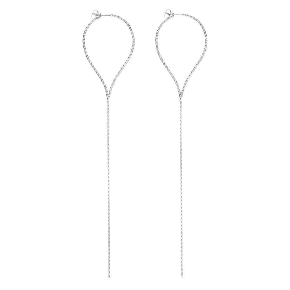 Billowing Sail Pointed Hoop Earrings in silver, featuring pointed hoops with a drop of delicate chain. 