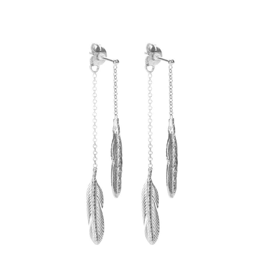 Take Flight Feather Front and Back earrings in silver, featuring two little feathers on delicate swinging chain.