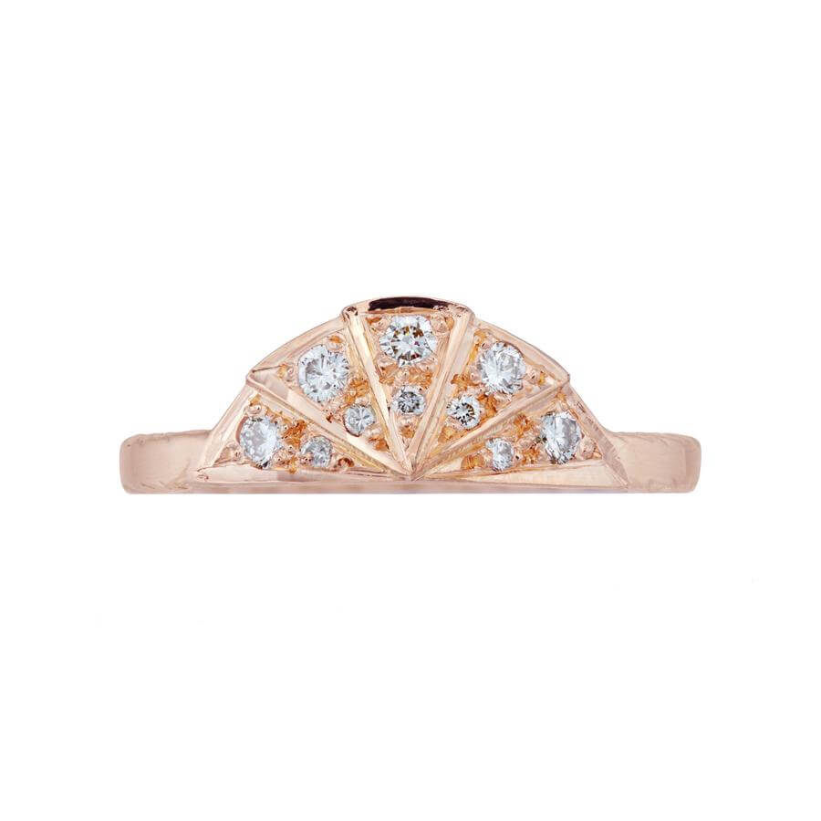 White diamond sunbeam wedding band in 18 carat rose gold, featuring 9 diamonds in the art deco style sunbeam shape.
