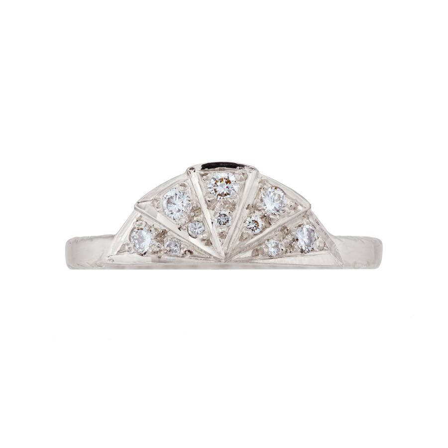 White diamond sunbeam wedding band in 18 carat white gold, featuring 9 diamonds in the art deco style sunbeam shape.
