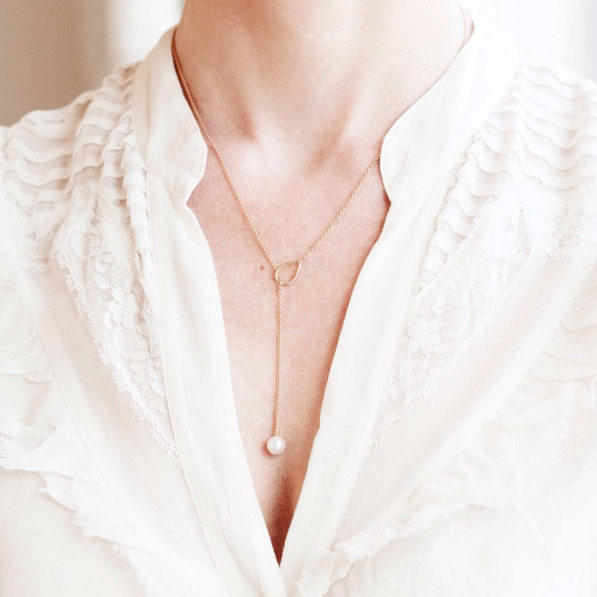 Full Moon White Pearl Lariat Necklace - Rose Gold