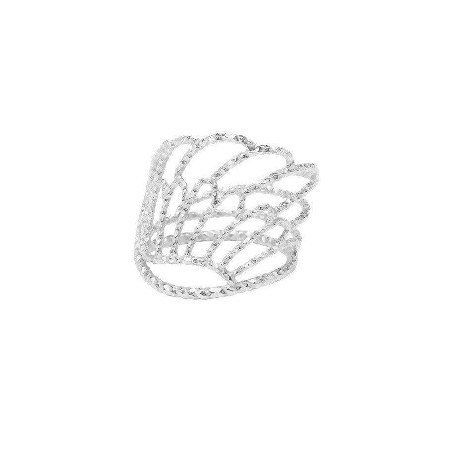 Angel Wing Wrap Around ring in silver, featuring a diamond cut textured ring made from an angel wing.