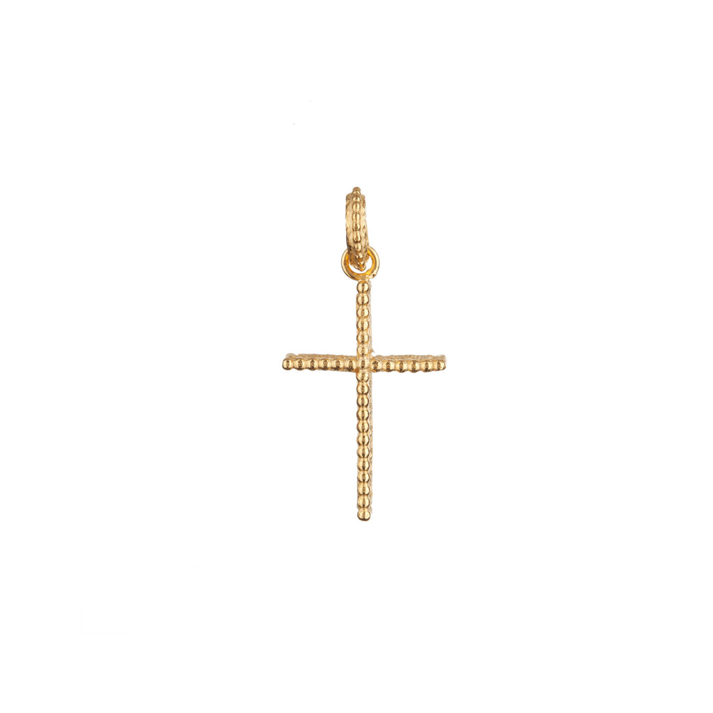 Ancient Lace Cross charm in gold, featuring intricate lattice work detail inspired by lace. 