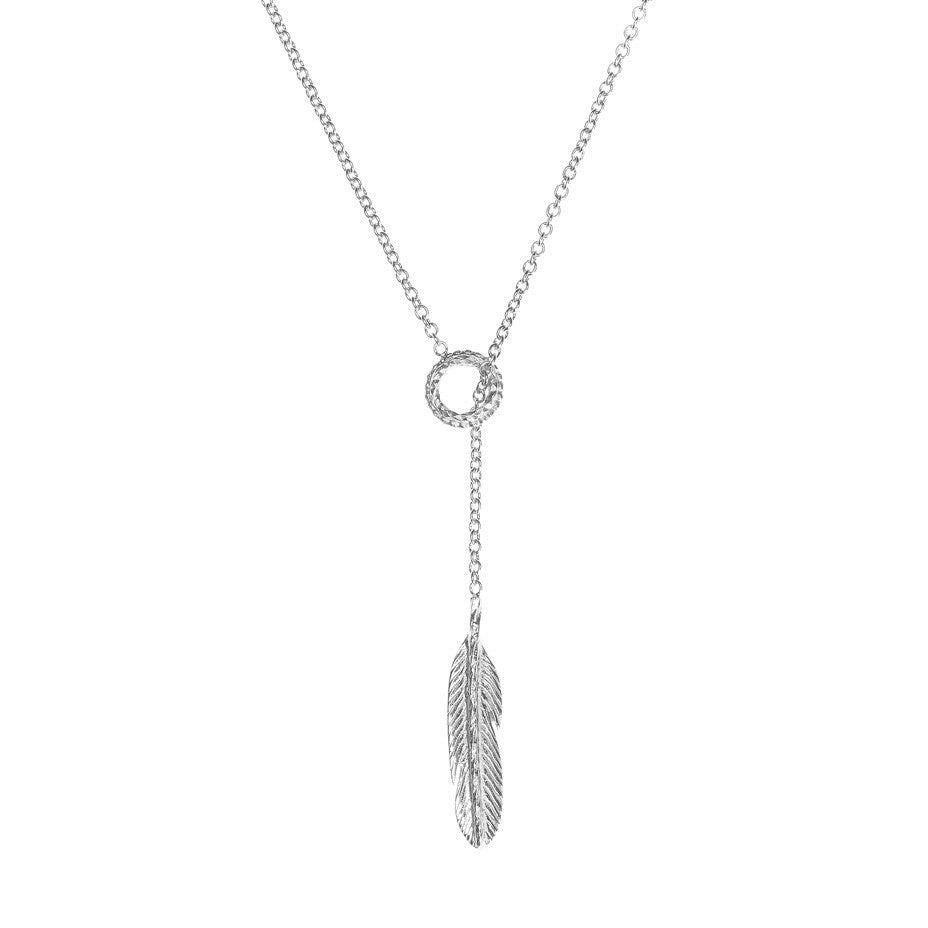 Take Flight Feather Lariat necklace in silver, featuring a small circle and feather.