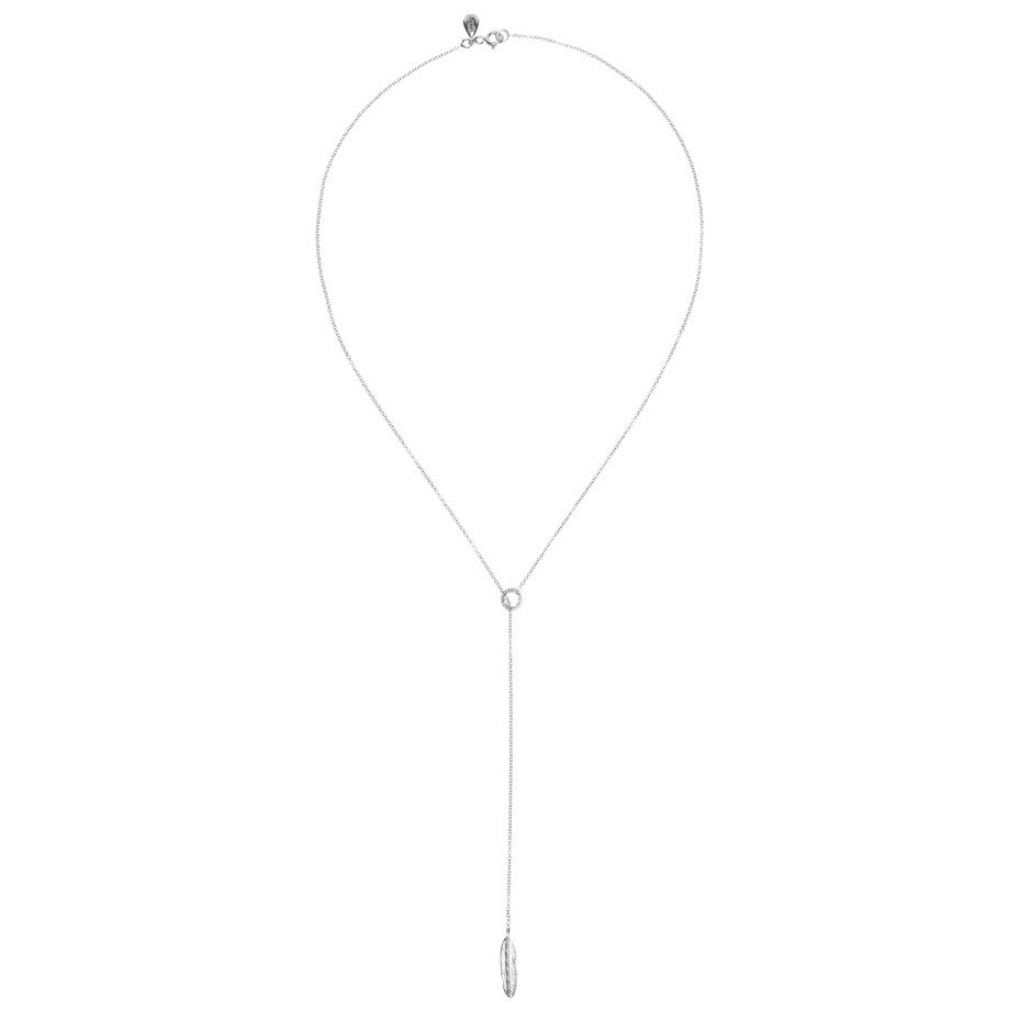 Take Flight Feather Lariat necklace in silver, featuring a small circle and feather. Full view.
