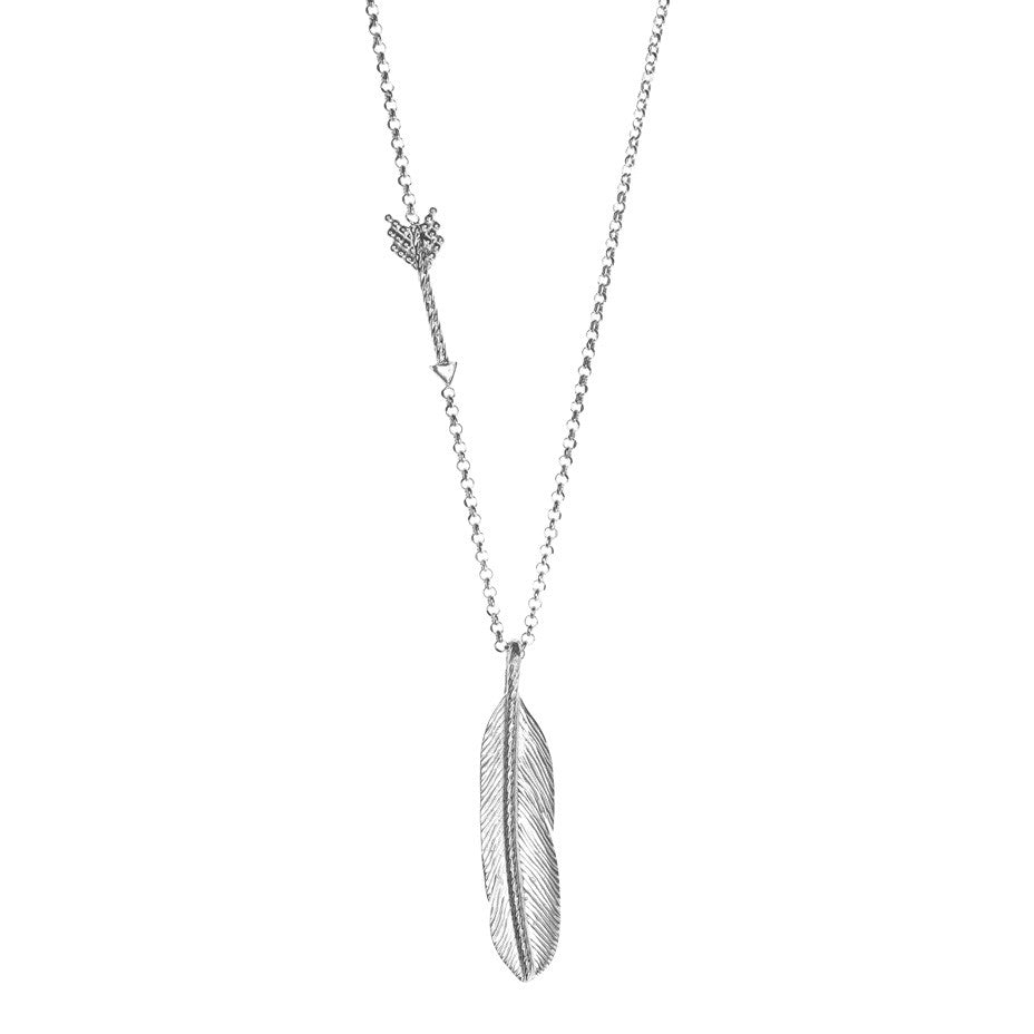 Sacred Feather and Arrow necklace in silver, made from our signature diamond cut and beaded arrow hanging on a long chain with a large detailed feather pendant.
