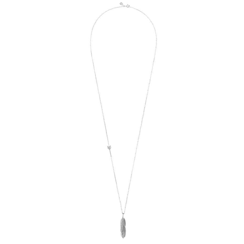Sacred Feather and Arrow necklace in silver, made from our signature diamond cut and beaded arrow hanging on a long chain with a large detailed feather pendant. Full view.