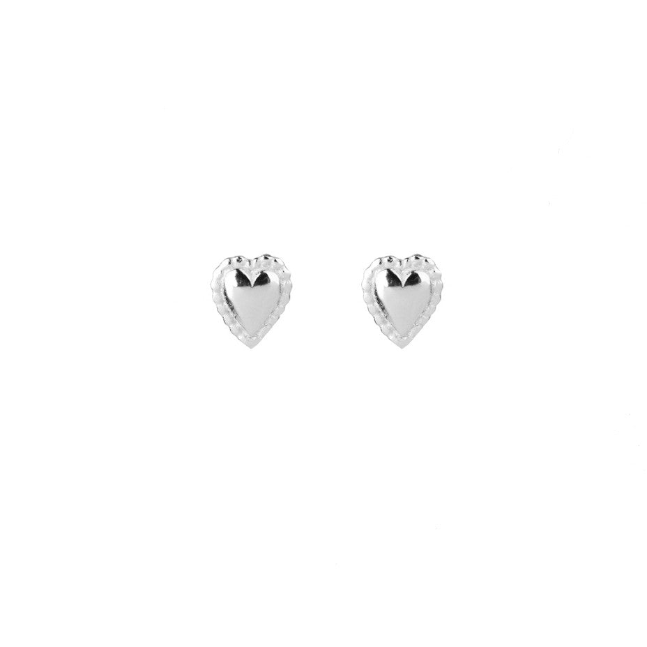 Darling Mini Heart Stud earrings in silver, featuring tiny puffed hearts with a beaded edge.
