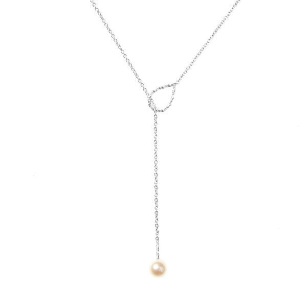 Full Moon White Pearl Lariat Necklace - Silver