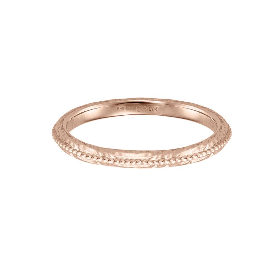 Eternal wedding band in 18 carat rose gold, featuring a textured band with a beaded line across the centre.