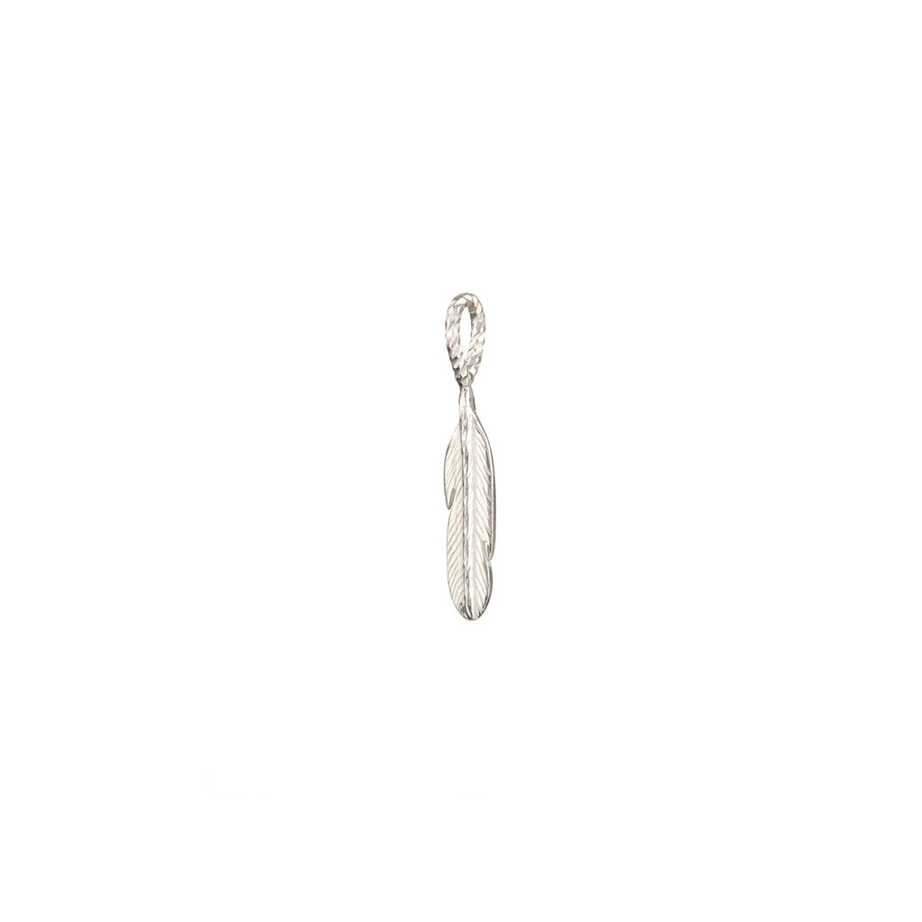 Free Spirit Mini Feather charm in silver, featuring an engraved mini feather with sparkling central spine.