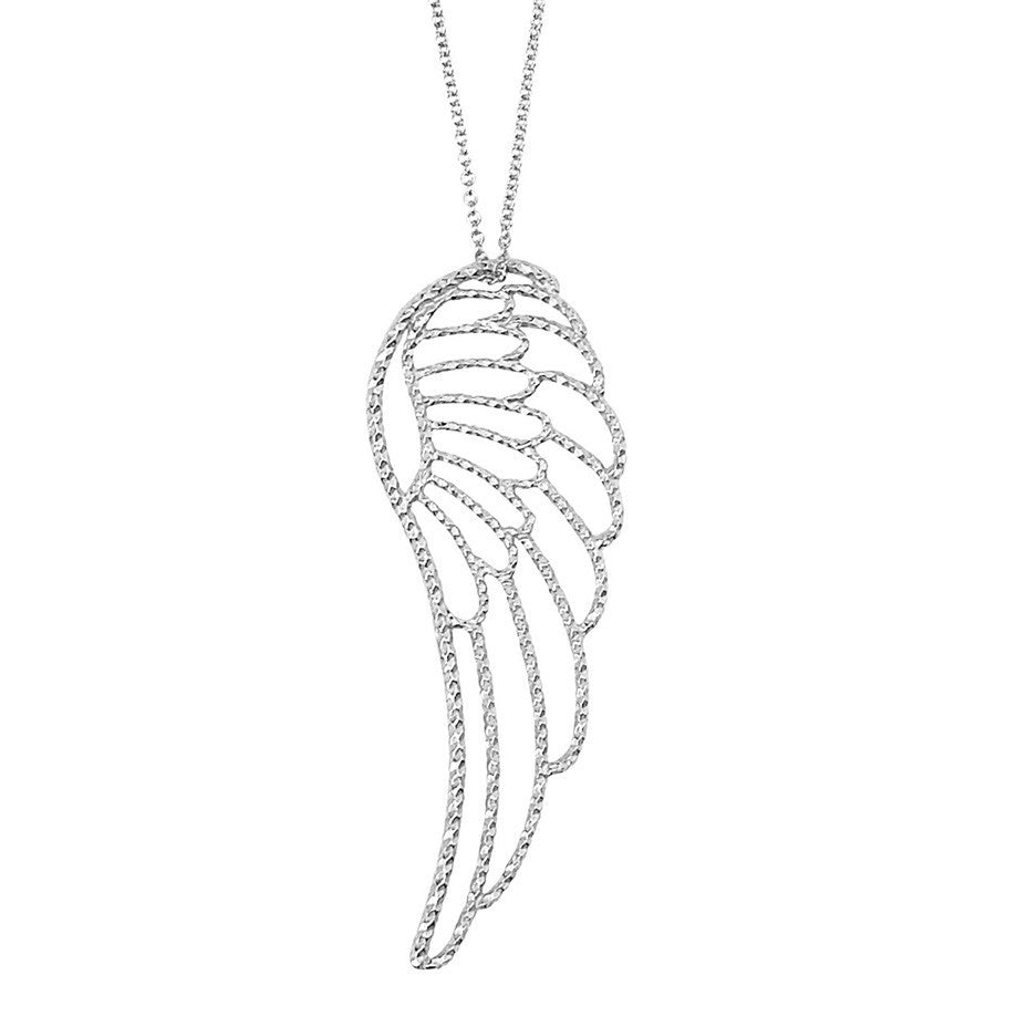 Large Angel Wing necklace in silver with our signature diamond cut wire.