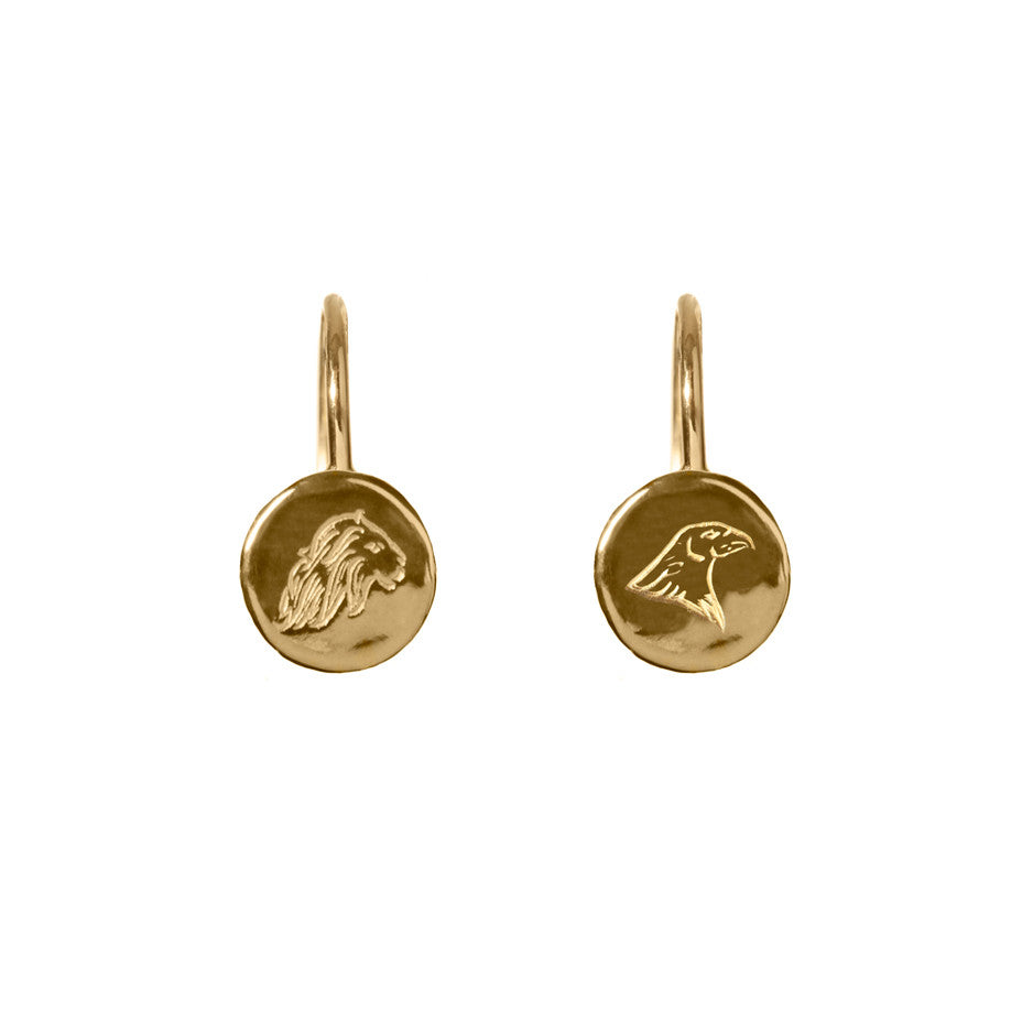 Energy and Time Lion and Eagle Hook earrings in gold, featuring delicately engraved lion and eagle emblems on coin shaped hook earrings.