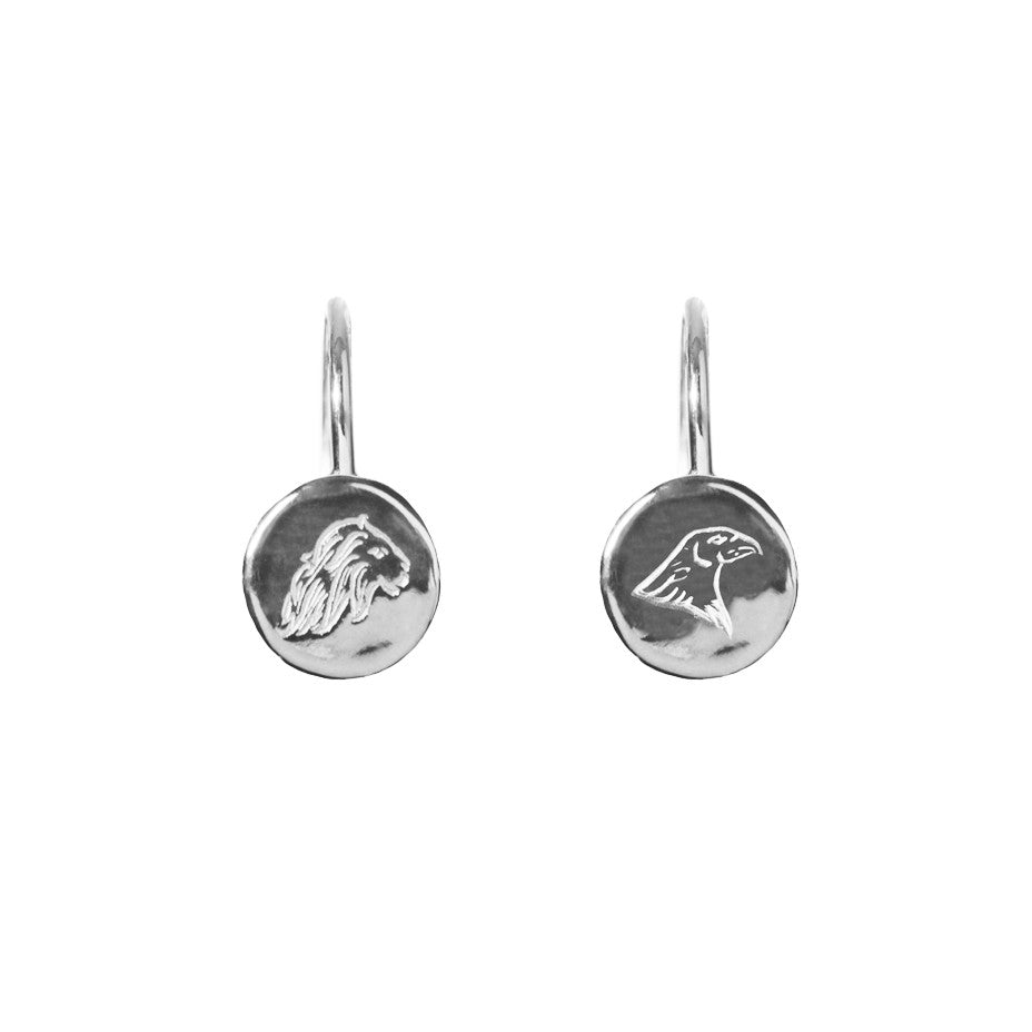 Energy and Time Lion and Eagle Hook earrings in silver, featuring delicately engraved lion and eagle emblems on coin shaped hook earrings.