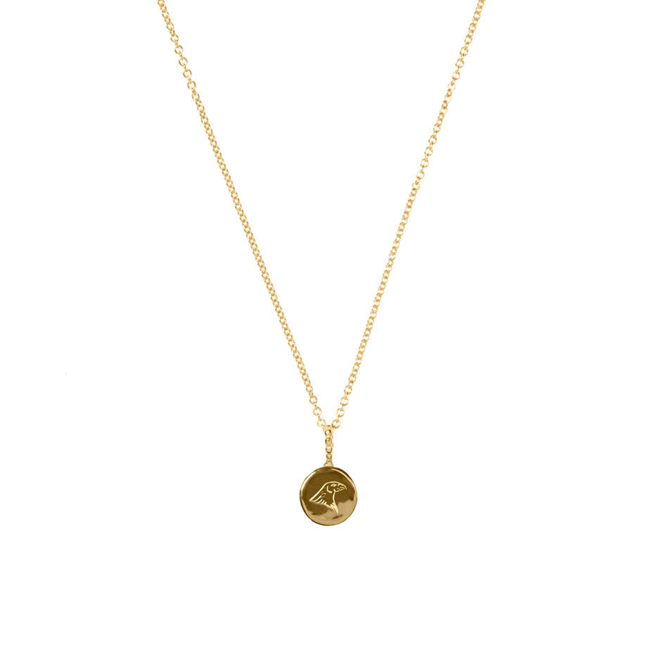 Energy and Time Lion and Eagle necklace in gold. Engraved onto smooth gold coins, reverse the symbol to suit your mood.