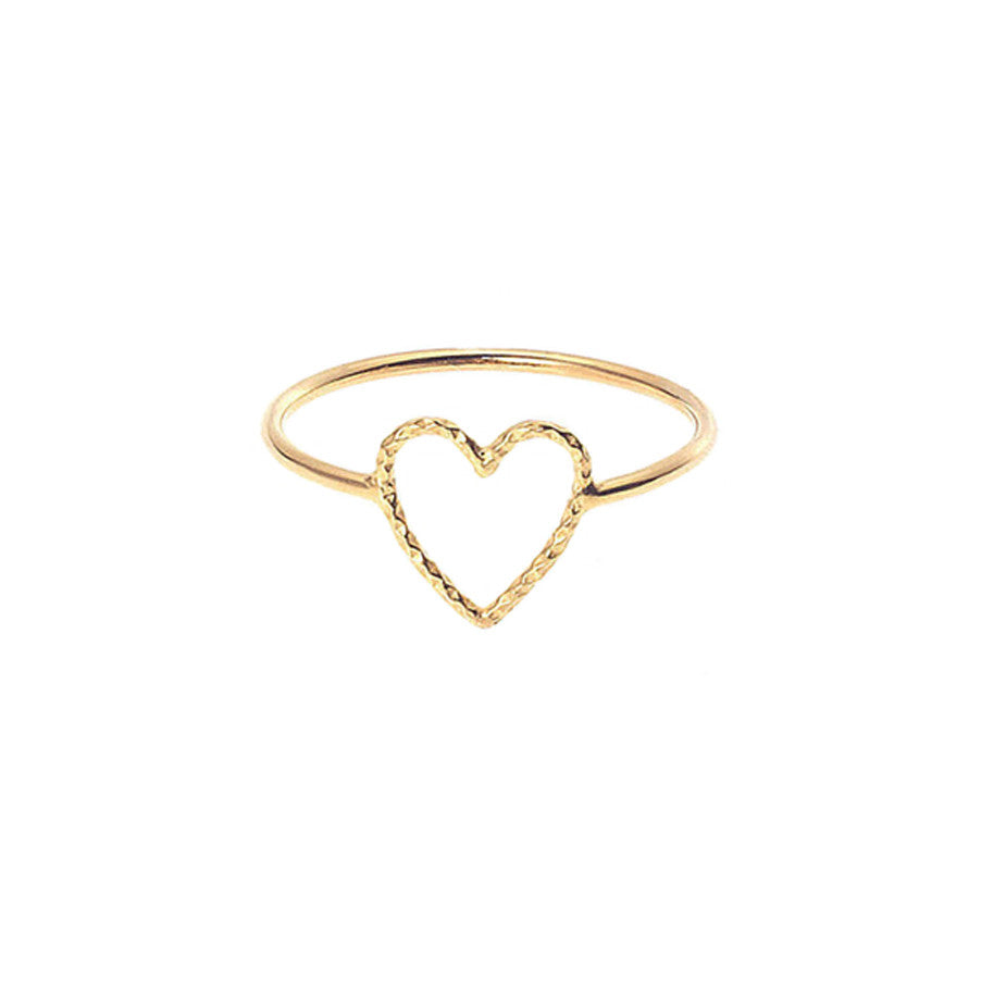 Love Me Tender ring in gold with textured cut out heart sits prettily on your finger.