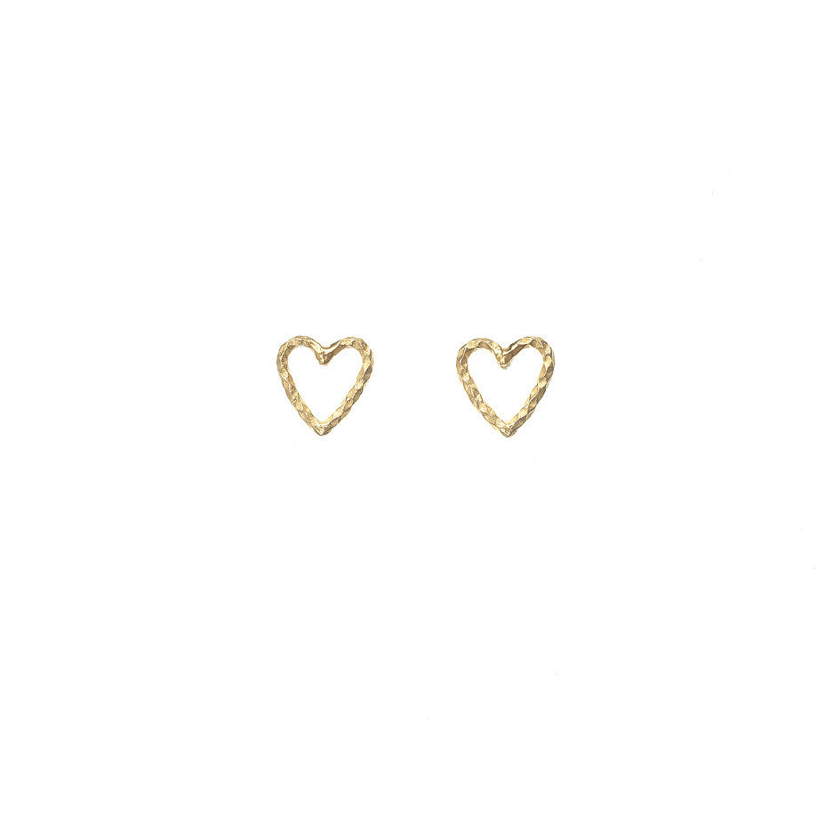 Love Me Tender Heart Stud earrings in gold. A lovely open heart stud earring made from our signature diamond cut wire.