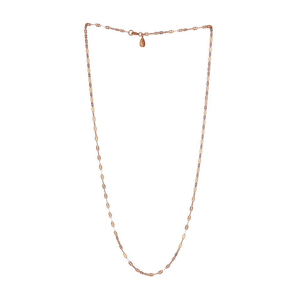 Petal Chain in rose gold, fashioned from simple oval links which have been hammered to make a beautiful feminine shape. Full view.