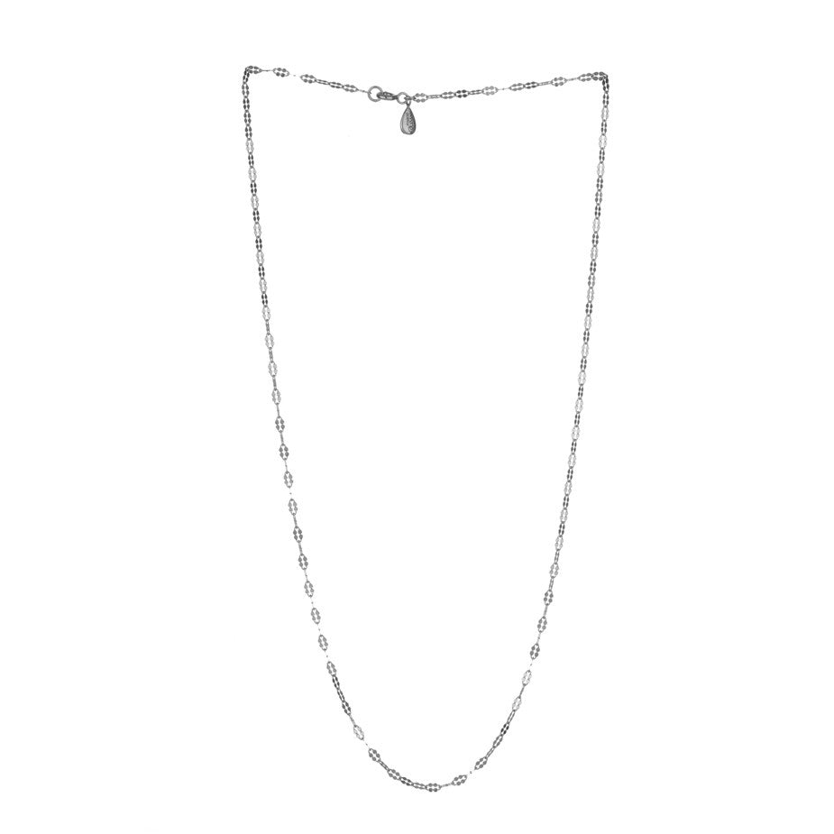 Petal Chain in silver, fashioned from simple oval links which have been hammered to make a beautiful feminine shape. Full view.