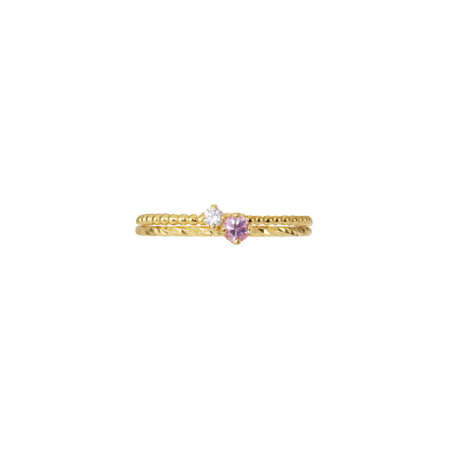 Pretty in Pink Sapphire and Lily White Diamond Stacking duo in gold.