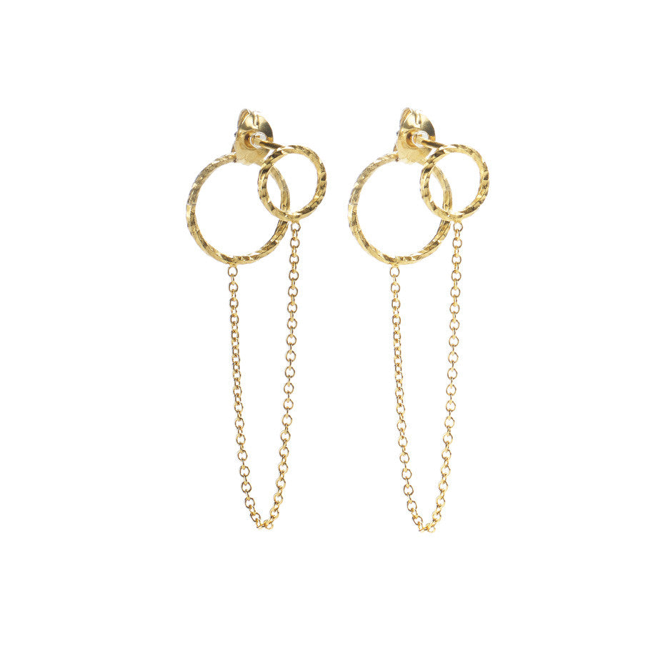 Protective Circle Front and Back earrings in gold, featuring large and small circles connected by delicate wire.