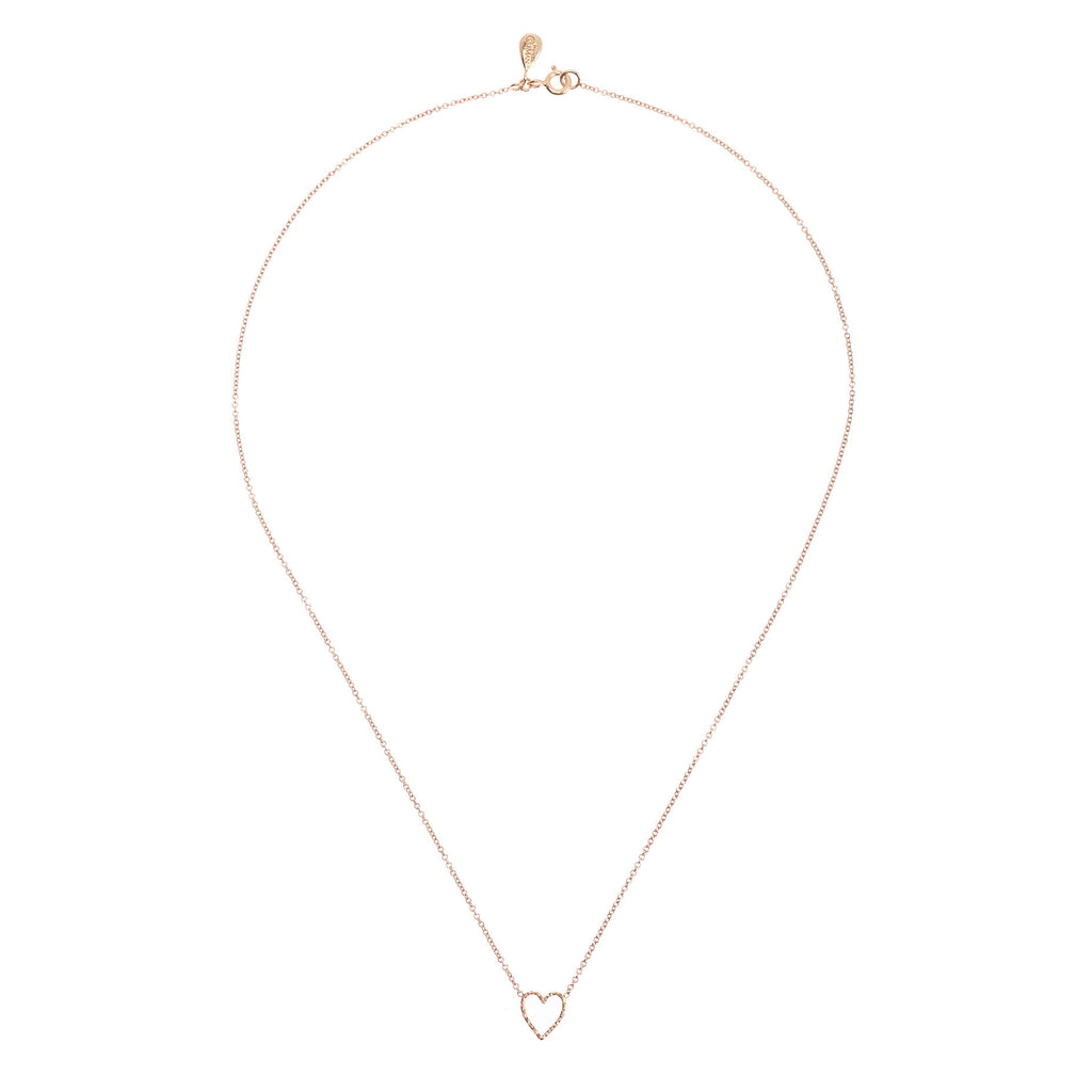 Love Me Tender Heart necklace in rose gold, featuring an adorable open heart. Full view.