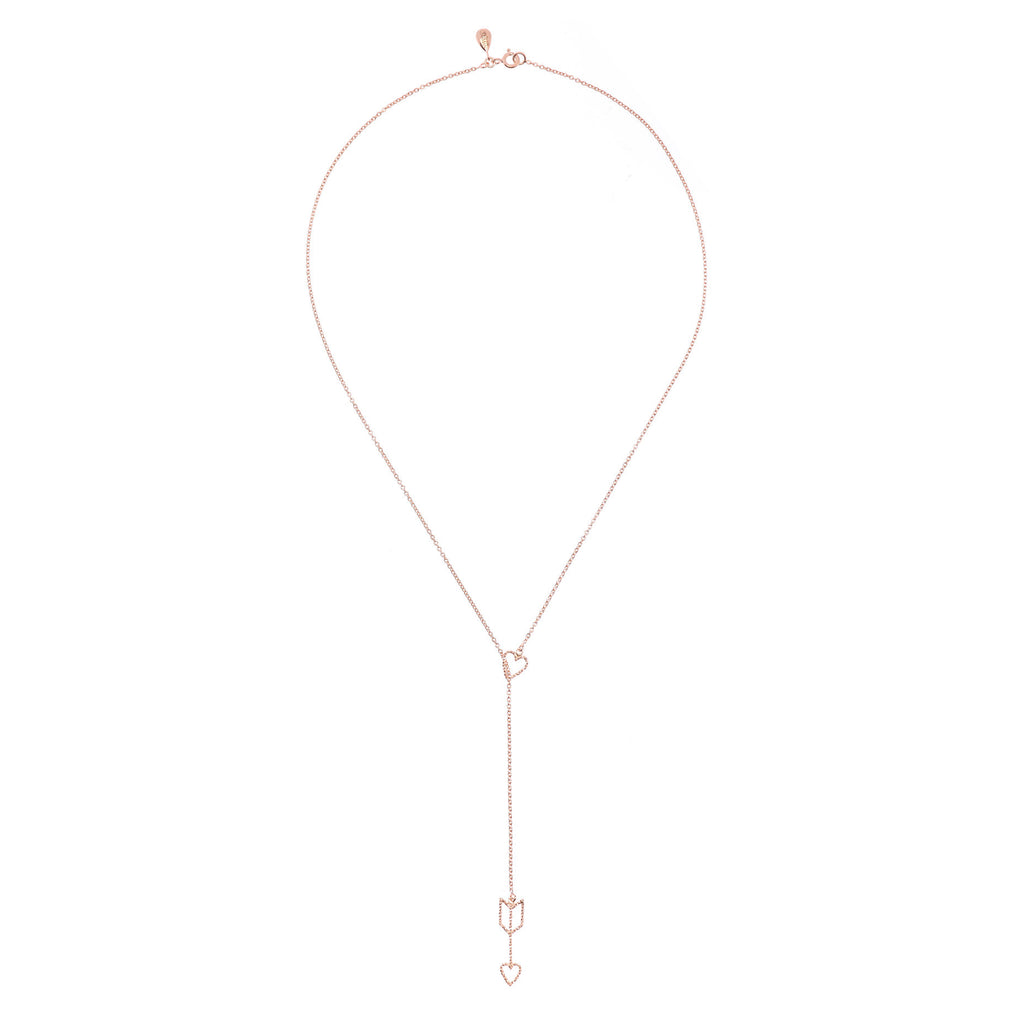 Arrow Of Love necklace in rose gold, featuring a delicate and sparkling heart and arrow design. Full view.