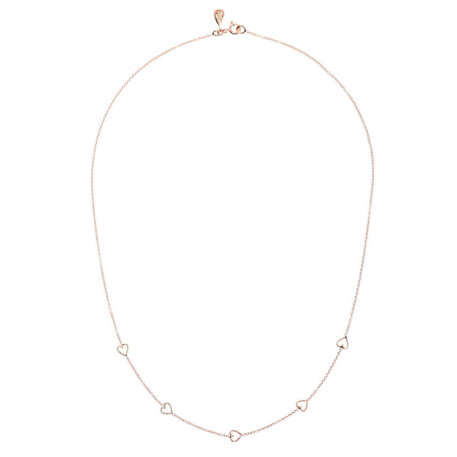 The Loop Of Love necklace in rose gold, featuring 5 tiny open hearts. Full view.