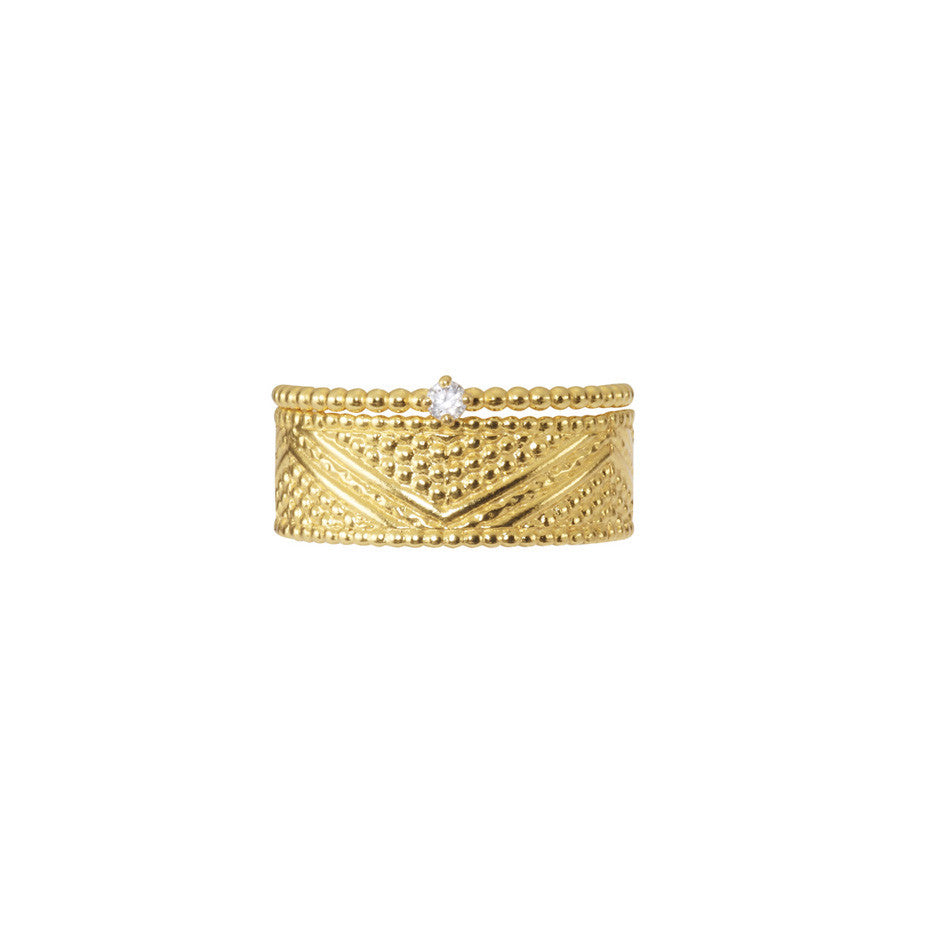 Valentine Diamond Stacking Set in gold, featuring the Lily White Diamond stacking ring and the Braveheart Warrior Chevron Ring.