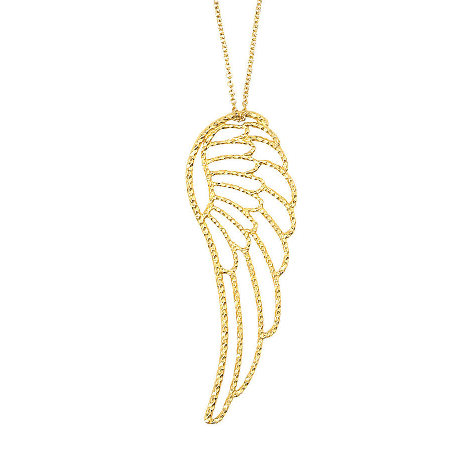 Long Angel Wing necklace in gold with our signature faceted texture.