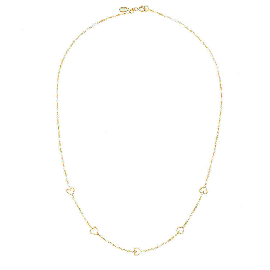 The Loop Of Love necklace in gold, featuring 5 tiny open hearts. Full view.